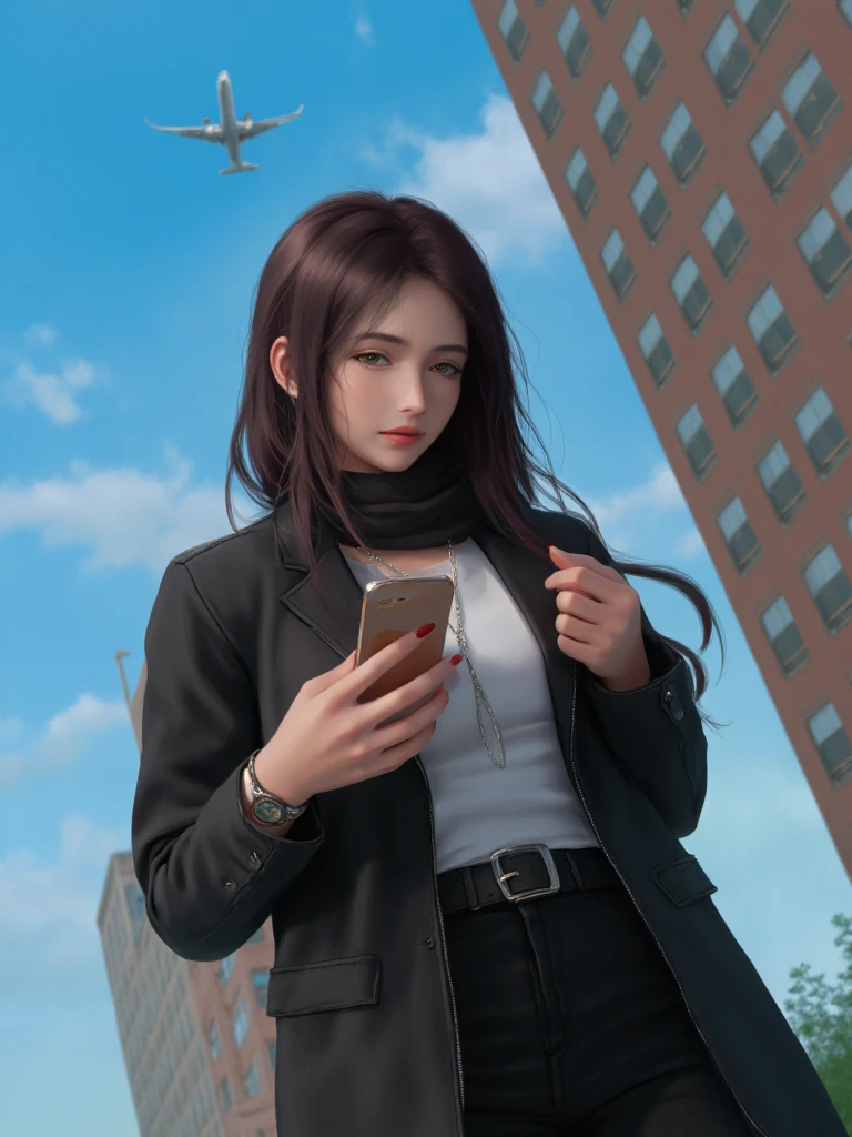 Image is a digital illustration featuring a young woman standing in an urban environment. She has fair skin and long brown hair, partially covering her face, and is looking at a smartphone in her right hand. Her expression is focused and confident. She is wearing a black leather jacket over a white shirt, with a dark scarf around her neck. Her outfit is complemented by a black belt with a silver buckle and a watch on her left wrist. The background shows a tall building with multiple windows, and an airplane is visible in the sky above, suggesting a city setting. The sky is clear with a few wispy clouds, adding to the dynamic composition of the scene.