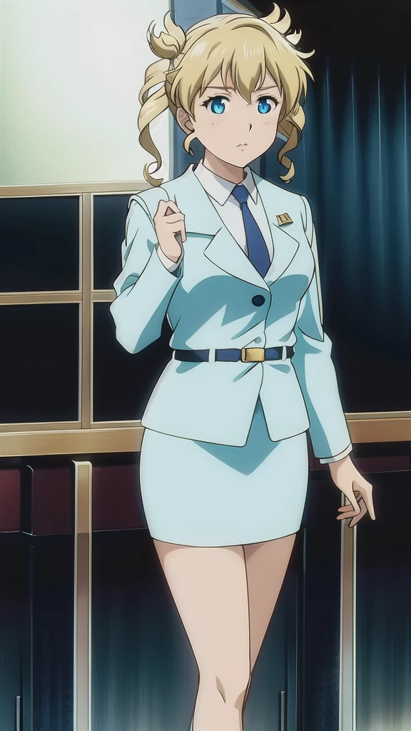 Blonde、 twin tails、 blue eyes、恐怖で悲しface、、 Full Body Style 、Normal milk、 narrow waist 、Bare legs、In uniform、 blue jacket , collared shirt 、 white shirt、 blue tie,belt,,  blue pencil skirt, black tights、White pumps、 Official Art, Extremely High Definition CG Unity 8K Wallpaper, perfect lighting, colorful ,  bright _Front_face_Lighting, shiny skin, ( masterpiece:1.0),(Highest_quality:1.0), 超 high definition ,4K, super detailed, photo shoot, 8k,  high definition ,  high definition ,  looking for something in an absurd :1.2,  Kodak Portra 400 ,  Film Grain,  blurry background, Bokeh:1.2,  Lens Flare, ( vibrant _color:1.2),Professional photography,Anime Images、