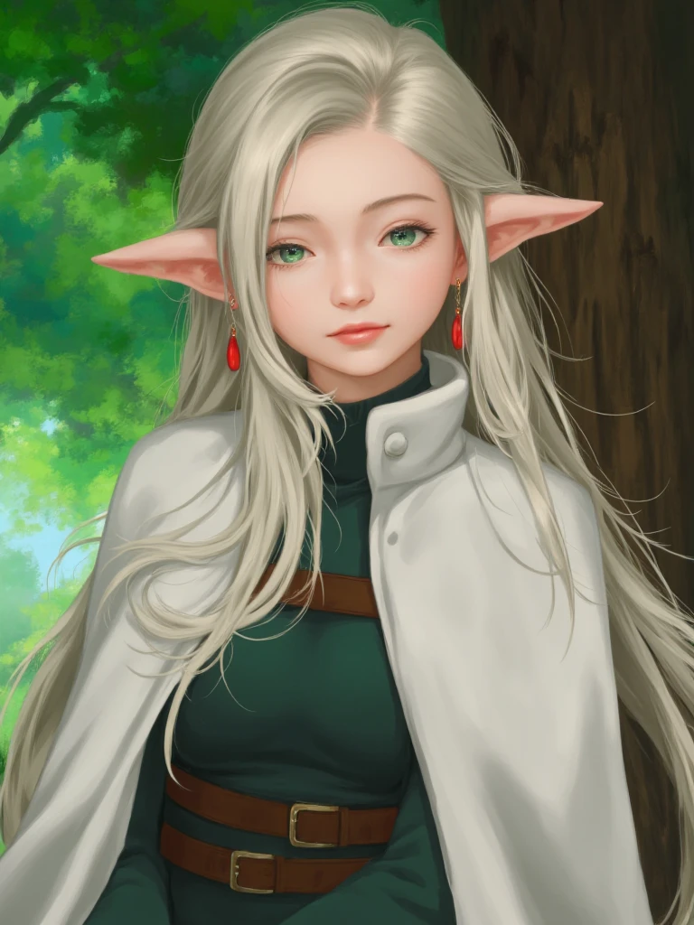 Image is an anime-style illustration featuring a character with long, flowing white hair and pointed elf-like ears. The character has fair skin and large, expressive green eyes, giving a serene and contemplative expression. They are wearing a white cloak with a high collar and a dark green tunic underneath, accessorized with a brown belt. The character also wears red and gold earrings. The background depicts a lush forest with vibrant green foliage and a large tree trunk, adding a natural and mystical atmosphere. 