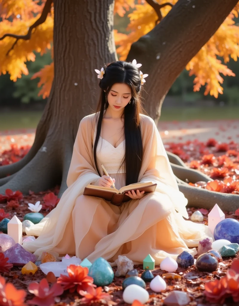 1girlImagine an ethereal fantasy landscape filled with a myriad of colors pastel. In this serene scene, a person of Asian descent, with long flowing hair, is sitting under a giant, ancient tree. They are deeply involved in an act of crystal journaling. A wide array of radiant, exquisitely detailed healing crystals of diverse hues such as rose quartz, amethyst, and citrine are arranged into a circular pattern around them. The person, wearing lightweight, flowing clothes, holds an old, leather-bound journal in which they record their observations, thoughts, and feelings. The vibrant and soothing energies of the crystals merge with this person's aura, creating a mystical synergy. Ethereal creatures like glowing fairies and wisps gently float around illuminating this sacred space.