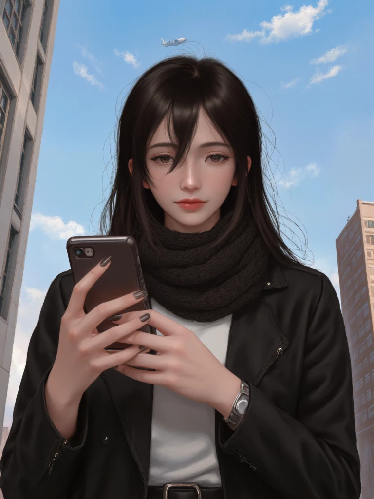 Image is a digital illustration featuring a young woman standing in an urban environment. She has fair skin and long brown hair, partially covering her face, and is looking at a smartphone in her right hand. Her expression is focused and confident. She is wearing a black leather jacket over a white shirt, with a dark scarf around her neck. Her outfit is complemented by a black belt with a silver buckle and a watch on her left wrist. The background shows a tall building with multiple windows, and an airplane is visible in the sky above, suggesting a city setting. The sky is clear with a few wispy clouds, adding to the dynamic composition of the scene.