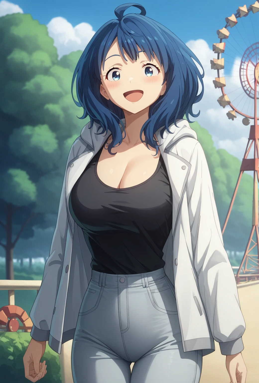 yanamianna, medium hair, ahoge, middium breasts,blue hair,blue eyes, large breasts, tight shirt, black shirt, cleavage, hoodie coat, long sleeves, tight pants, denim pants, open mouth, blush, smile, outdoor, amusement park, Ferris wheel, from front, solo, alone, masterpiece, best quality, ultra-detailed, high resoolution, 8K, detailed background, dynamic moving, detailed face, anime,