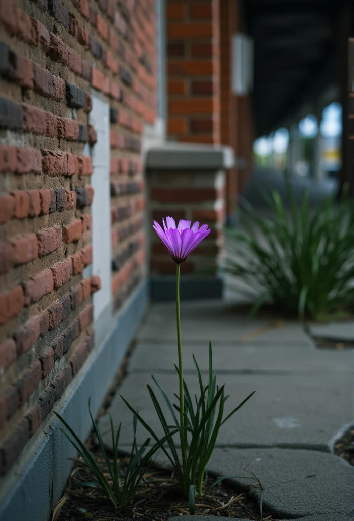 ((masterpiece)) ((photography)) ((Highest quality)) A small purple flower quietly blooming on an old train station platform.