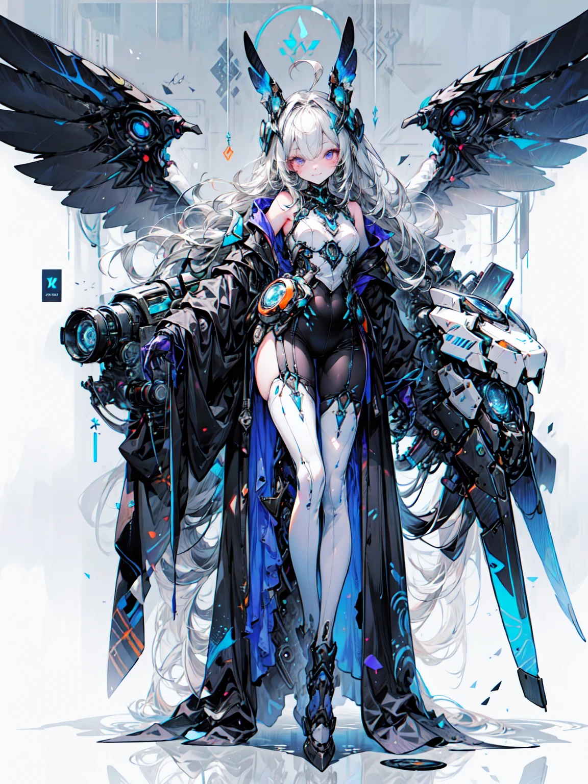 （1 person）  A Dieselpunk Female Angel Knight  、  wear the angel armor of the machine  、  The whole thing is beautifully and elegantly decorated   ...., Bright and vibrant orange eyes,   Armor is jet blue  、 pale gold accents    ..., Armed Armor  、Chest、   A beautiful art deco pattern is engraved on the leg.....。,   A beautifully designed black mechanical angel  .、 spread wings, Hide your face,   An elegant and beautiful dieselpunk knight  、   Anime Art Style 、Blake、( Dark Elves),  perfect face, 優しいsmile、Get used to it, Ahoge, ((Long Hair:1.2)), (Hair above the eyes:1.3), [[ messy hair]],  shiny blonde,  purple eyes, Spotted Eyes,  colorful hair, Sparkling Eyes, ( eyelash ,  eyeshadow, ピンク  eyeshadow),  bright , smile,  design art：Haruhiko Mikimoto, Kawasaki, Yoshitaka