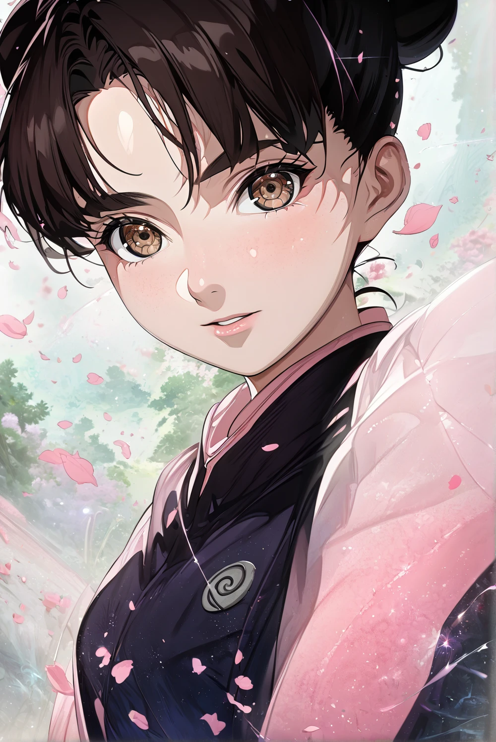 absurdres, highres, ultra detailed, HDR, master piece, best quality, extremely detailed, detailed eyes, detailed face, Tenten, brown hair, expressive brown eyes, Naruto Shippuden, solo, woman, beautiful, pink shirt, magical, fantasy, garden, pink butterflies, pink flowers, pink petals, water, magic, powers