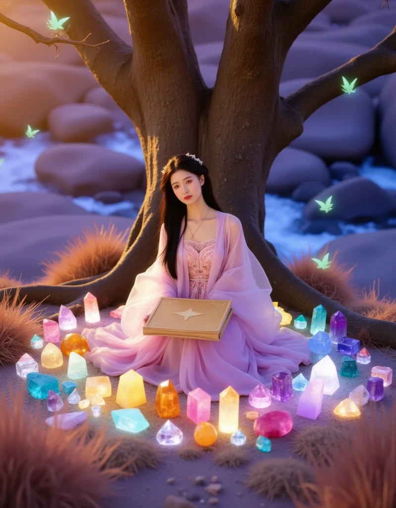 1girl, Imagine an ethereal fantasy landscape filled with a myriad of colors pastel. In this serene scene, a person of Asian descent, with long flowing hair, is sitting under a giant, ancient tree. They are deeply involved in an act of crystal journaling. A wide array of radiant, exquisitely detailed healing crystals of diverse hues such as rose quartz, amethyst, and citrine are arranged into a circular pattern around them. The person, wearing lightweight, flowing clothes, holds an old, leather-bound journal in which they record their observations, thoughts, and feelings. The vibrant and soothing energies of the crystals merge with this person's aura, creating a mystical synergy. Ethereal creatures like glowing fairies and wisps gently float around illuminating this sacred space.