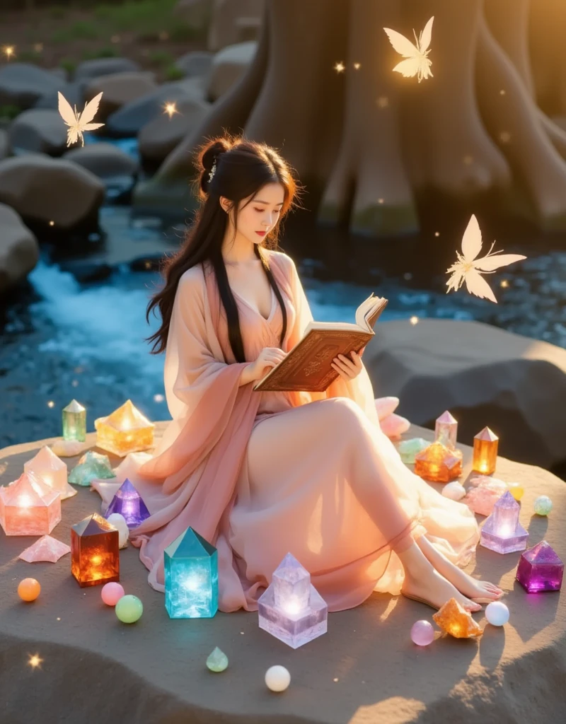 1girl, Imagine an ethereal fantasy landscape filled with a myriad of colors pastel. In this serene scene, a person of Asian descent, with long flowing hair, is sitting under a giant, ancient tree. They are deeply involved in an act of crystal journaling. A wide array of radiant, exquisitely detailed healing crystals of diverse hues such as rose quartz, amethyst, and citrine are arranged into a circular pattern around them. The person, wearing lightweight, flowing clothes, holds an old, leather-bound journal in which they record their observations, thoughts, and feelings. The vibrant and soothing energies of the crystals merge with this person's aura, creating a mystical synergy. Ethereal creatures like glowing fairies and wisps gently float around illuminating this sacred space.