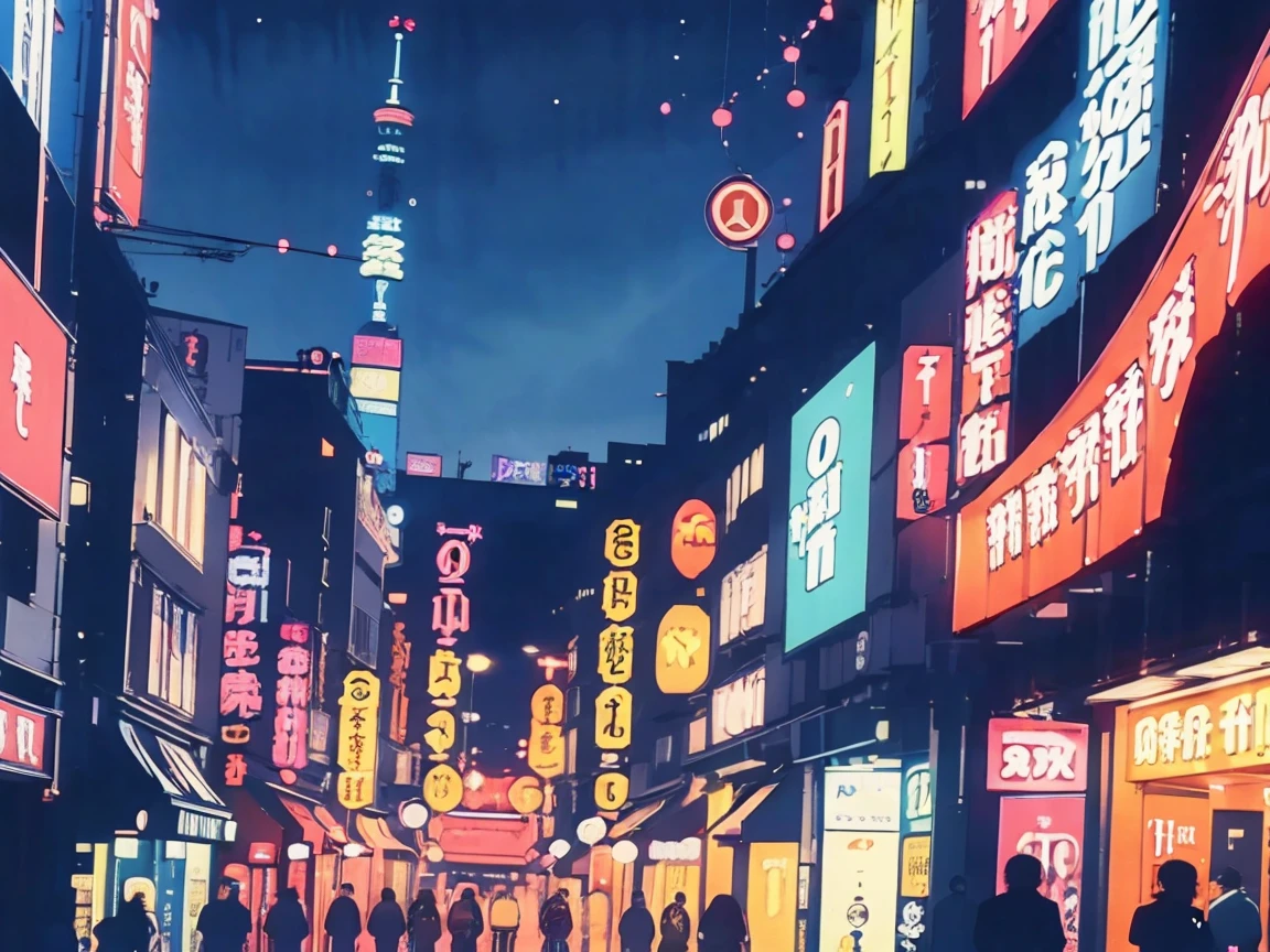 Neon colors, Tokyo, Citypop, nighttime, best quality, poster, 80's style, illustrated, retro, Anime Style