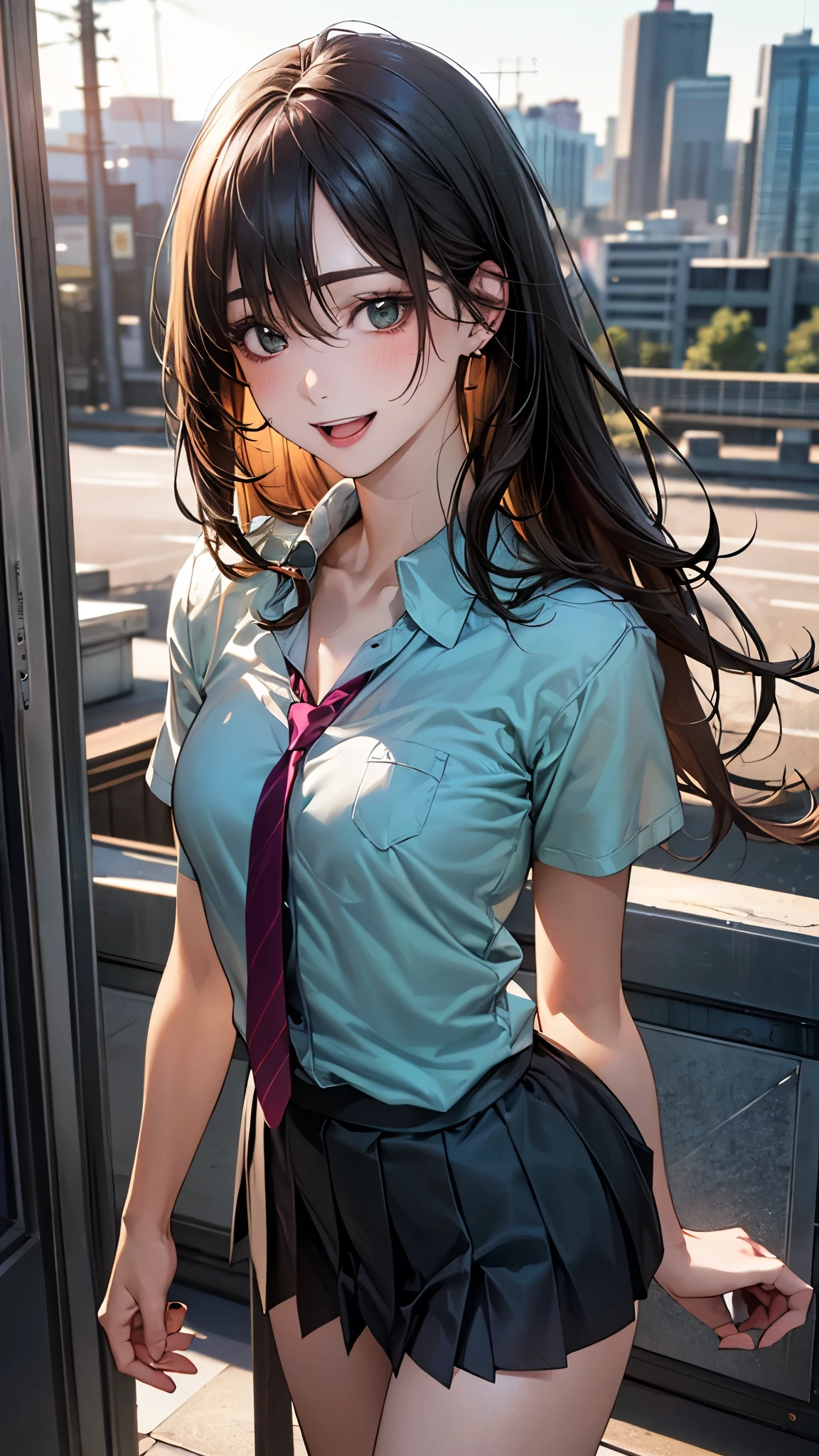 Anime girl with long black hair and a tie posing for a picture - SeaArt AI