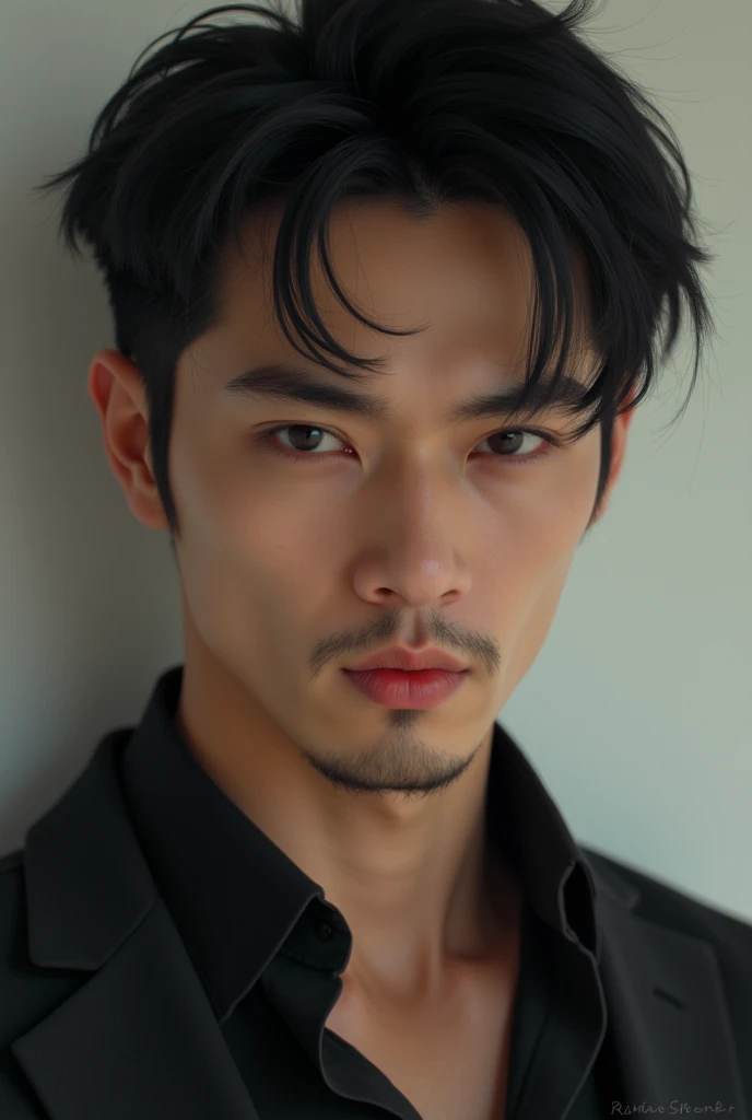 best qualityer, 独奏, Bblack hair, high resolution, WITHOUT SMILING, eyes open, eyes large, fine nose, gazing at viewer, naughty man, really short hair, symmetrical High resolution, masculine face and long