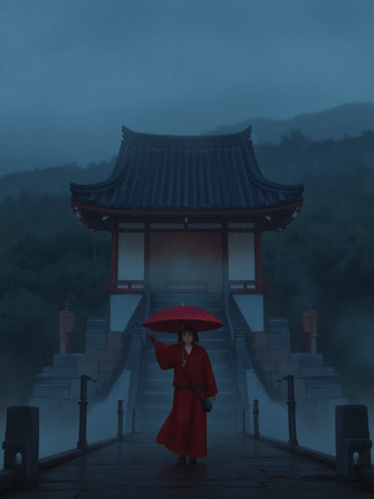 Image is a digital illustration with a traditional Asian art style, featuring a serene and atmospheric scene. The layout is vertical, focusing on a solitary figure standing in the foreground. The subject is a person wearing a flowing red robe, holding a red umbrella, with their face obscured in shadow, suggesting a sense of mystery. The background showcases a traditional pagoda with intricate roof designs, set against a misty landscape of rolling hills and trees. The sky is depicted in muted blue tones, indicating a rainy or overcast day. The overall color palette is composed of deep blues, reds, and subtle greens, creating a harmonious and tranquil atmosphere. The image conveys a sense of solitude and contemplation, enhanced by the gentle rain depicted throughout the scene.