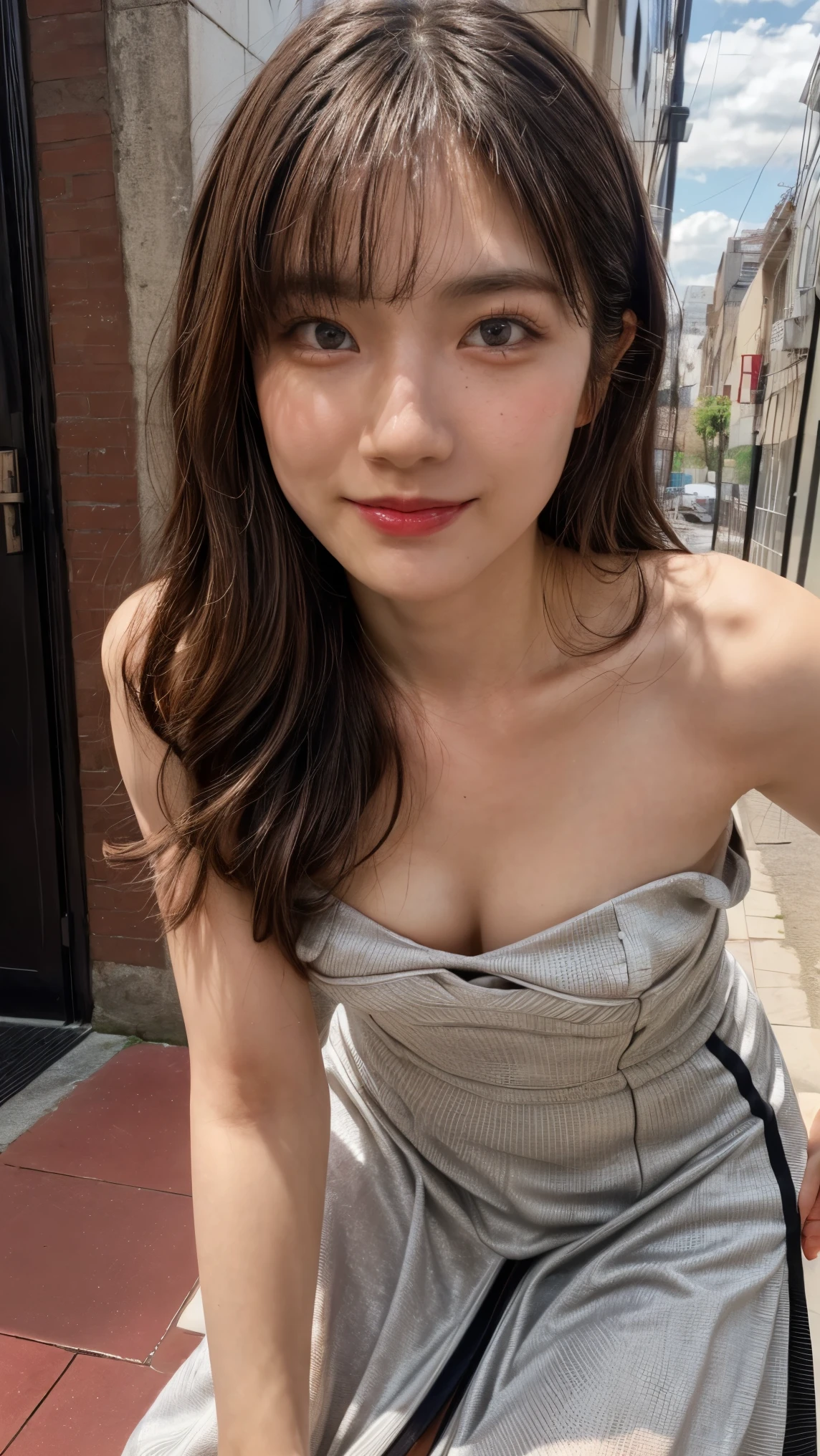 (high resolution photograph of a young Japanese female idol), (realistic, photo-realistic:1.37), (masterpiece, best quality), 8k, RAW photo, intricate details, extremely detailed, (sharp focus), cinematic lighting, gravure photography, portrait, solo, 1girl, (strapless dress, sleeveless:1.2), (face focus, close-up face, standing leaning forward, forward bending:1.5), (small breasts:1.3), dark hair, pale skin, (detailed face, detailed eyes, symmetrical eyes, beautiful pupils, sophisticated nose, smile),
photo background, outdoors, urban scape, daytime, sunny, blue sky and clouds,