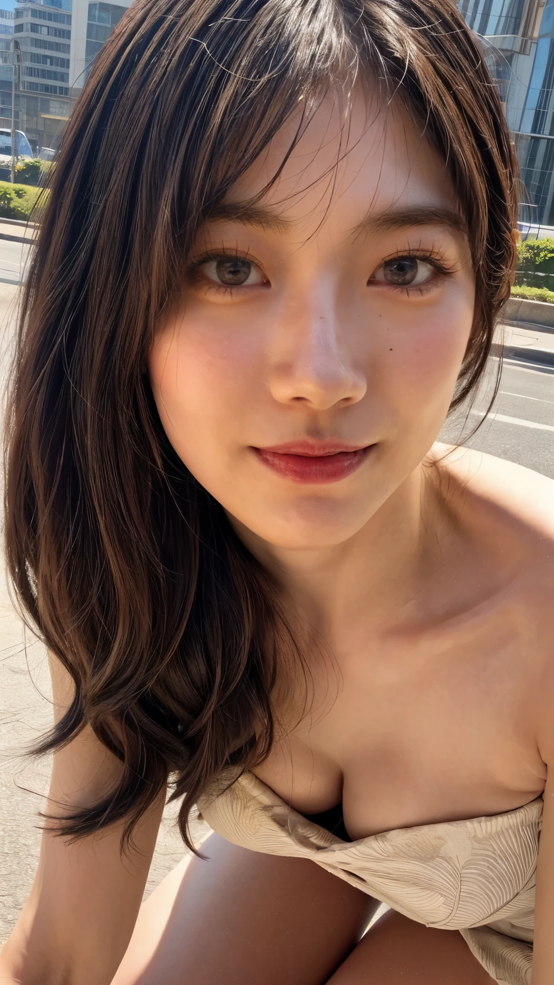 (high resolution photograph of a young Japanese female idol), (realistic, photo-realistic:1.37), (masterpiece, best quality), 8k, RAW photo, intricate details, extremely detailed, (sharp focus), cinematic lighting, gravure photography, portrait, solo, 1girl, (strapless dress, sleeveless:1.2), (face focus, close-up face, standing leaning forward, forward bending:1.5), (small breasts:1.3), dark hair, pale skin, (detailed face, detailed eyes, symmetrical eyes, beautiful pupils, sophisticated nose, smile),
photo background, outdoors, urban scape, daytime, sunny, blue sky and clouds,