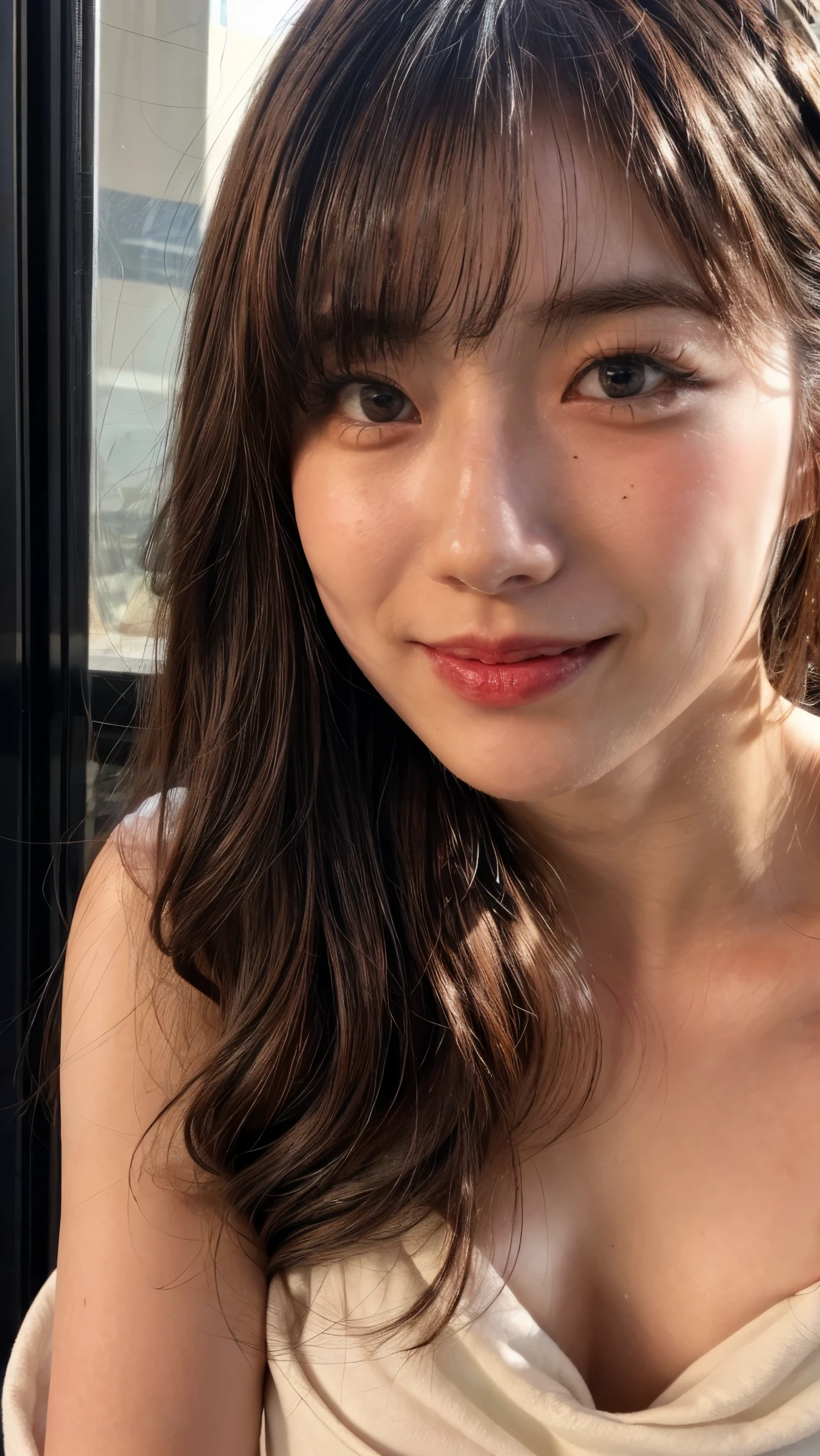 (high resolution photograph of a young Japanese female idol), (realistic, photo-realistic:1.37), (masterpiece, best quality), 8k, RAW photo, intricate details, extremely detailed, (sharp focus), cinematic lighting, gravure photography, portrait, solo, 1girl, (strapless dress, sleeveless:1.2), (face focus, close-up face, standing leaning forward, forward bending:1.5), (small breasts:1.3), dark hair, pale skin, (detailed face, detailed eyes, symmetrical eyes, beautiful pupils, sophisticated nose, smile),
photo background, outdoors, urban scape, daytime, sunny, blue sky and clouds,