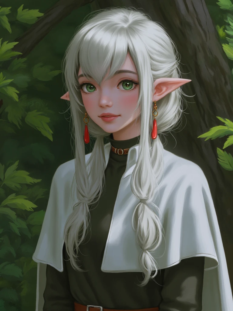 Digital painting of a young woman with long, flowing white hair and pointed elf-like ears. The character has fair skin and large, expressive green eyes, giving a serene and contemplative expression. They are wearing a white cloak with a high collar and a dark green tunic underneath, accessorized with a brown belt. The character also wears red and gold earrings. The background depicts a lush forest with vibrant green foliage and a large tree trunk, adding a natural and mystical atmosphere. 