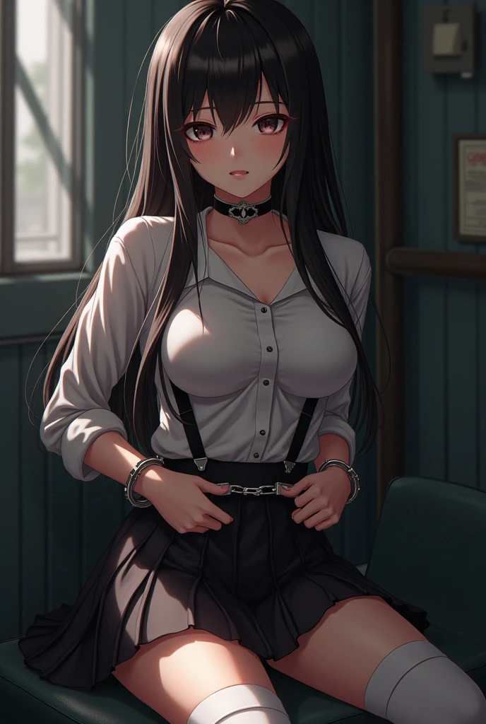 25 year old girl, Italian features, long loose black hair, super mega gigantic breasts, white shirt, black miniskirt, in the dungeon, tied to a torture chair, wearing a slave collar