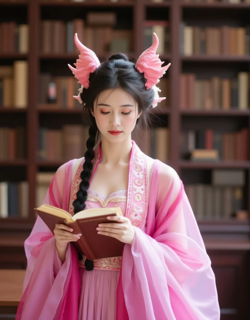  in the School of Magic's library ， holding an ancient magic book in her hand ， A student in a pink dragon costume is immersing herself in a sea of books 。This student focused on ， with the dragon horn on her headdress 。 The dragon-shaped elements on her costume blend with the magical atmosphere of the library， making her stand out from the crowd 。