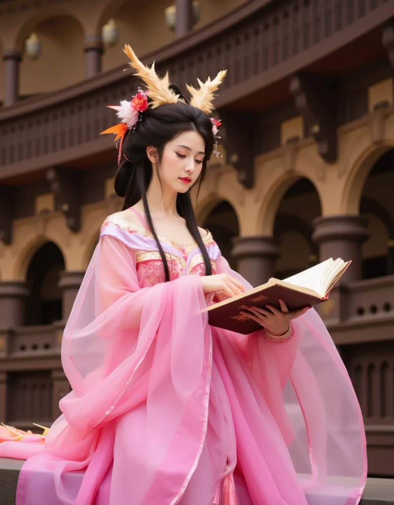  in the School of Magic's library ， holding an ancient magic book in her hand ， A student in a pink dragon costume is immersing herself in a sea of books 。This student focused on ， with the dragon horn on her headdress 。 The dragon-shaped elements on her costume blend with the magical atmosphere of the library， making her stand out from the crowd 。