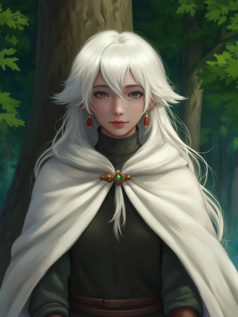 Digital painting of a woman with long, flowing white hair. The character has fair skin and expressive green eyes, giving a serene and contemplative expression. They are wearing a white cloak with a high collar and a dark green tunic underneath, accessorized with a brown belt. The character also wears red and gold earrings. The background depicts a lush forest with vibrant green foliage and a large tree trunk, adding a natural and mystical atmosphere. 