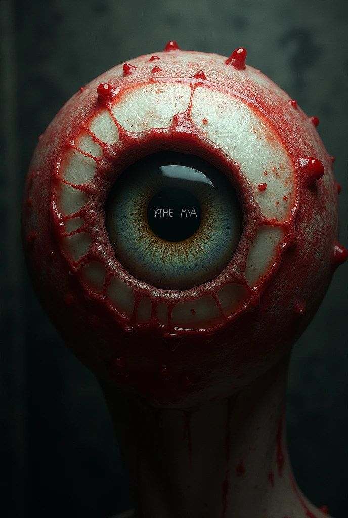 inpaint an eyeball of a monster with capillaries, blood, red and orange colors, silver pupil, scary, photorealistic