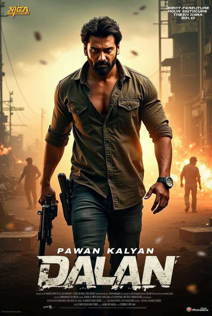 Title: Sena Ke Badshah
Tagline: "Ek adami, ek mission, aur dushmanon ka khauf."
Visuals:
Background: Ek dramatic cityscape, jahan skyscrapers aur raat ke andhere mein roshniyaan chamak rahi hain. Background mein kuch explosions aur action sequences bhi dikhaye ja sakte hain.
Foreground: Salman Khan ek powerful aur intense pose mein, muscular body aur confident expression ke saath. Uski aankhon mein determination aur strength dikhai de.
Color Scheme: Bold aur high-contrast colors jaise deep blues, fiery reds, aur metallic grays.
Text: Title "Sena Ke Badshah" ko top center mein bada aur bold font mein likha gaya, aur tagline neeche prominent position par.
Additional Elements: Salman Khan ke aas-paas action-packed elements jaise explosions, flying debris, aur dynamic lighting effects ko include kiya jaye.