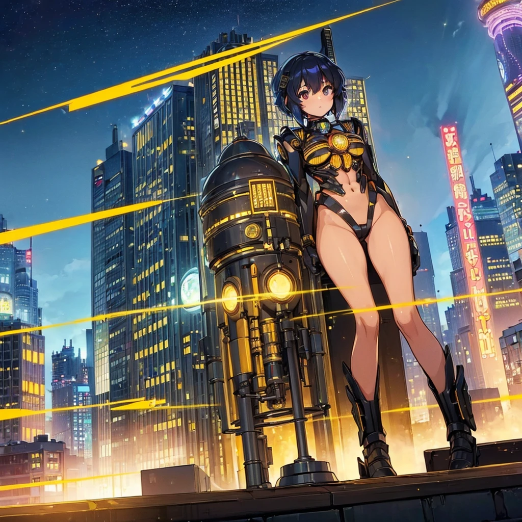 1girl, medium breasts, leotard, bare legs, gloves, boots, superhero, standing, hands on hip, city backdrop, powering up, glow, (beautiful detailed eyes:1.6), (perfect hands, perfect anatomy)