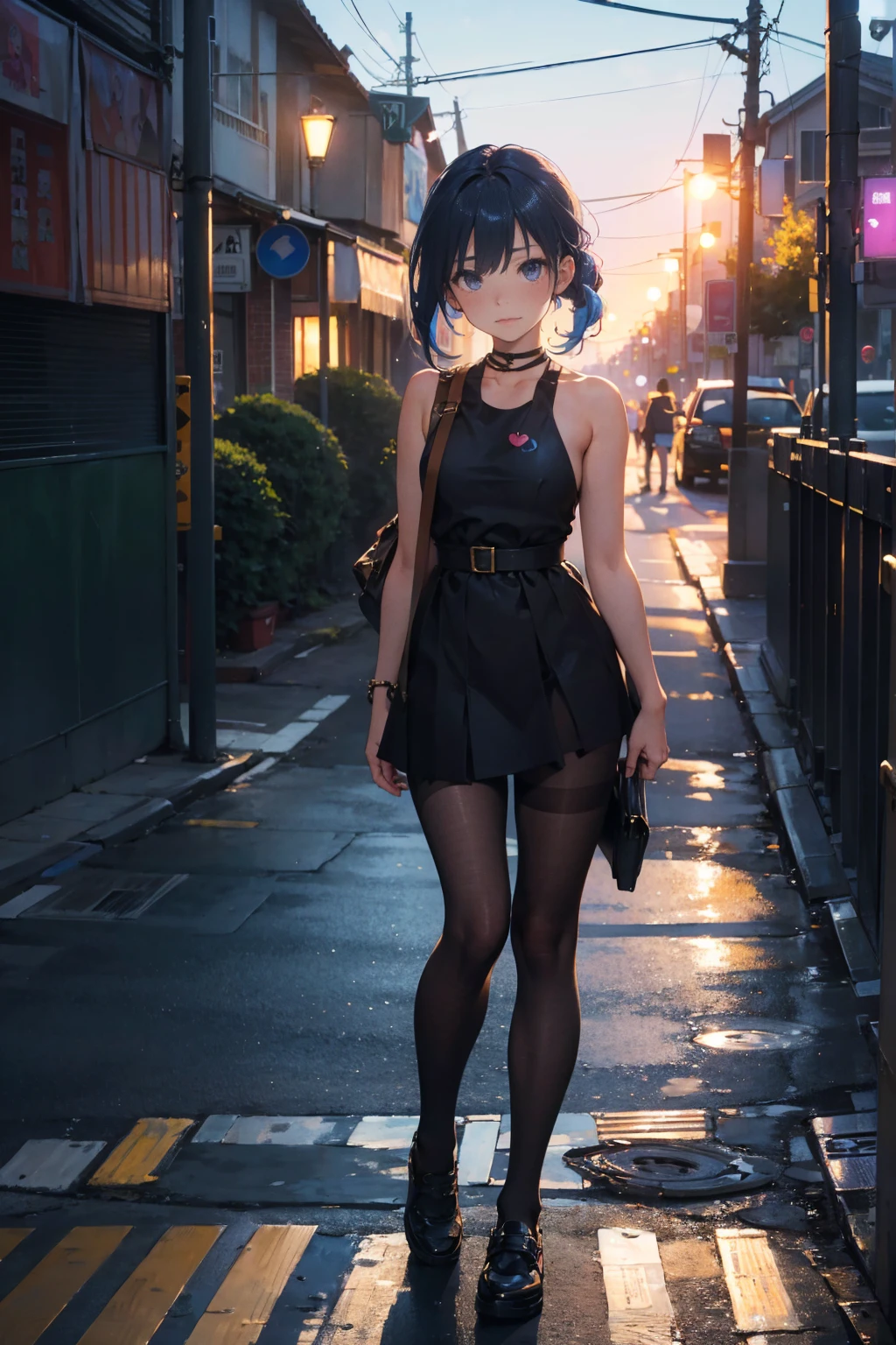 beautiful teenage girl, strapless blouse, tiny pleated skirt, pantyhose, high heels, ray tracing, 4K, best quality, near the lake, sunrise, cloudy sky, cyberpunk universe