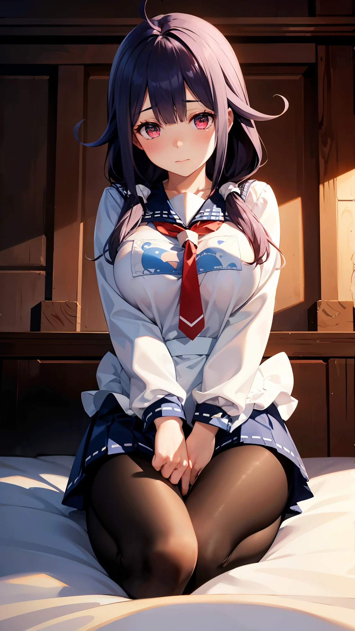 8k high resolution ( super detailed), masterpiece, ( best quality)　 animated illustration 　 detailed eyes on board,  detailed face 　 detailed hands 　Fine hair　 very elaborate body、 fine skin 　 one girl　 Kantai Collection _Big whale 　TaigeIKC　Red Eye　 sailor suit 　red neckerchief,  blue sailor color, White apron, Blue pleated skirt　 pantyhose 　(Big Breasts)　 see here　 embarrassed expression　 on the bed　 triangular seat　Like showing off your underwear　 Hands On My Chest 　 Oblique View from Below