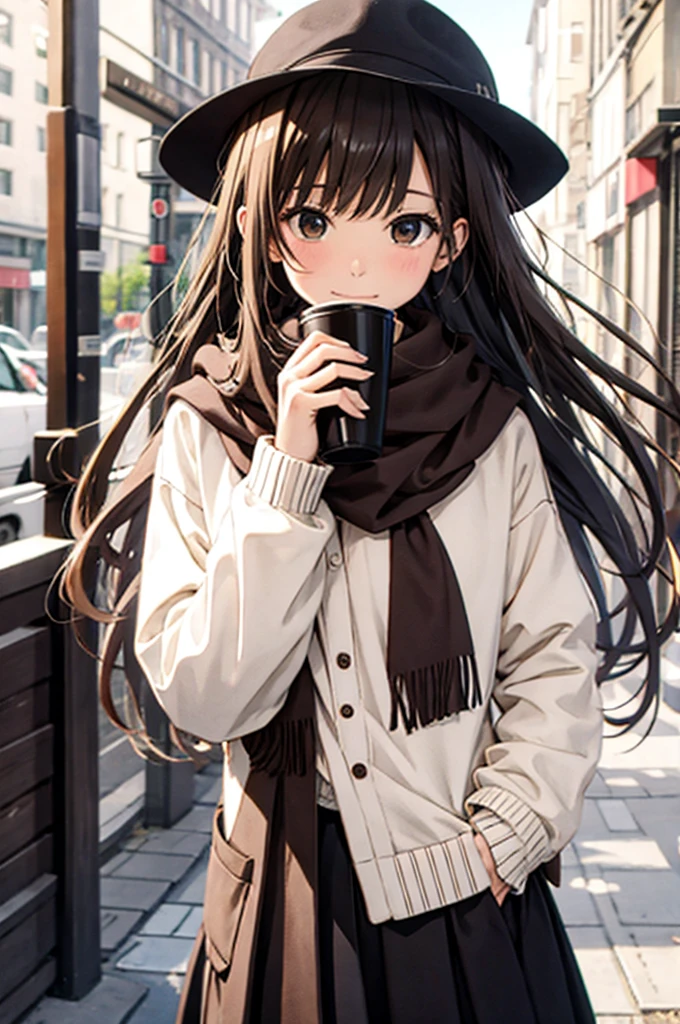   One Girl with Him , 秋の紅leaf, bangs,   Black Headwear ,  blurry background, ,   Brown Eyes  ,  brown hair, brown scarf, brown  skirt,   cardigan, coffee,   COWBOY SHOOTING  , cup, disposable cup, [[drink, 落ちleaf, Beanie, holding, holding [[drink, leaf, Long Hair,   Long Sleeve  ,   stares at viewers , open   cardigan,  Open your mouth , Check pattern, Check pattern  skirt, puffy   Long Sleeve  , red sweater, scarf,  shirt,  shirt tucked in,   side lock ,  skirt, smile, Alone, sweater, white  shirt,   Very detailed,  complicated, masterpiece,  absurd
