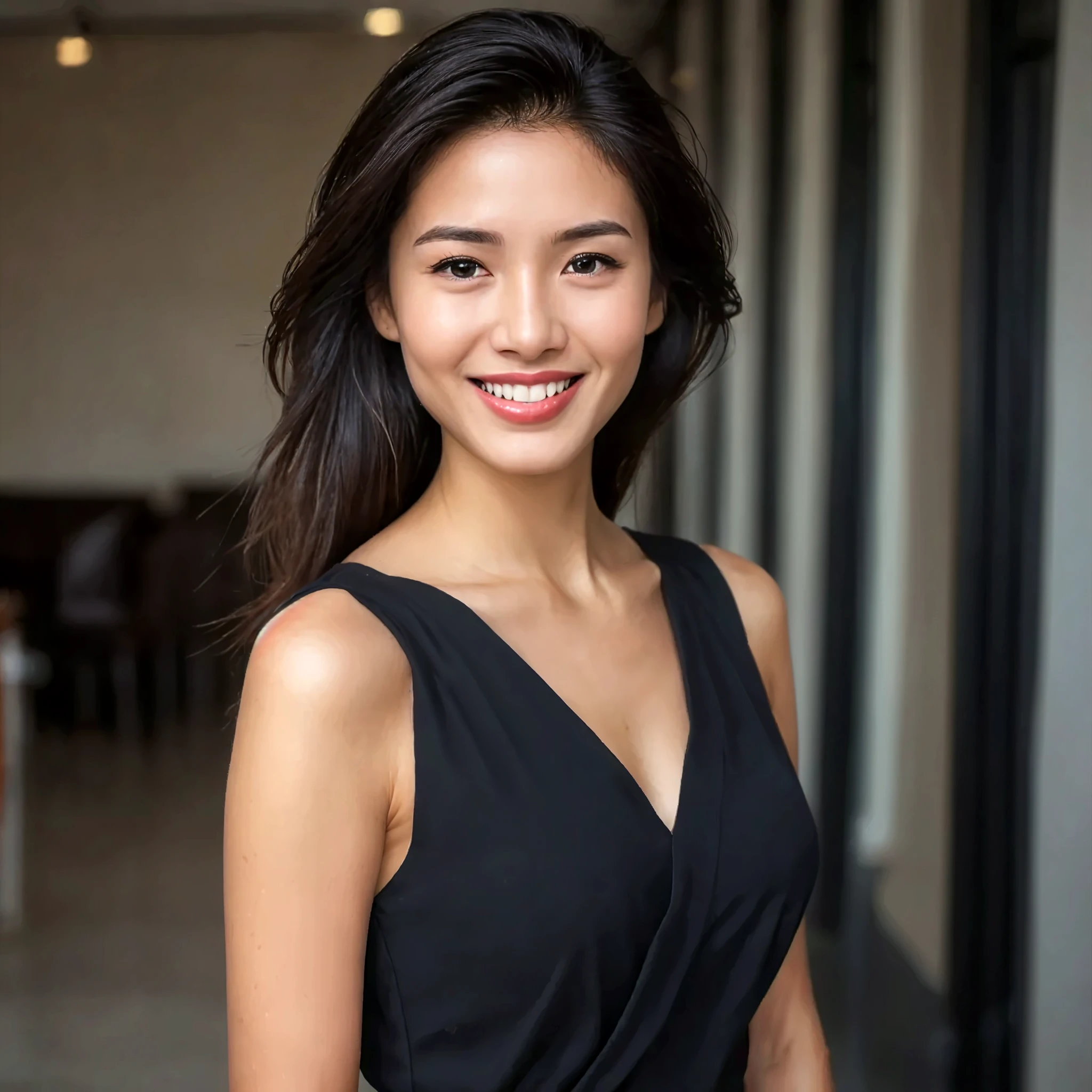 RAW photo, face portrait photo of beautiful 26 y.o woman, cute face, wearing black dress, happy face, hard shadows, cinematic shot, dramatic lighting