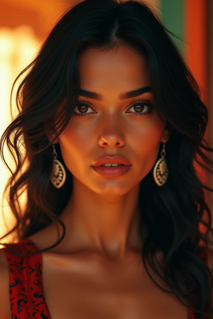 beautiful alpha woman, holding Indonesian flag, female focus, black hair, white background