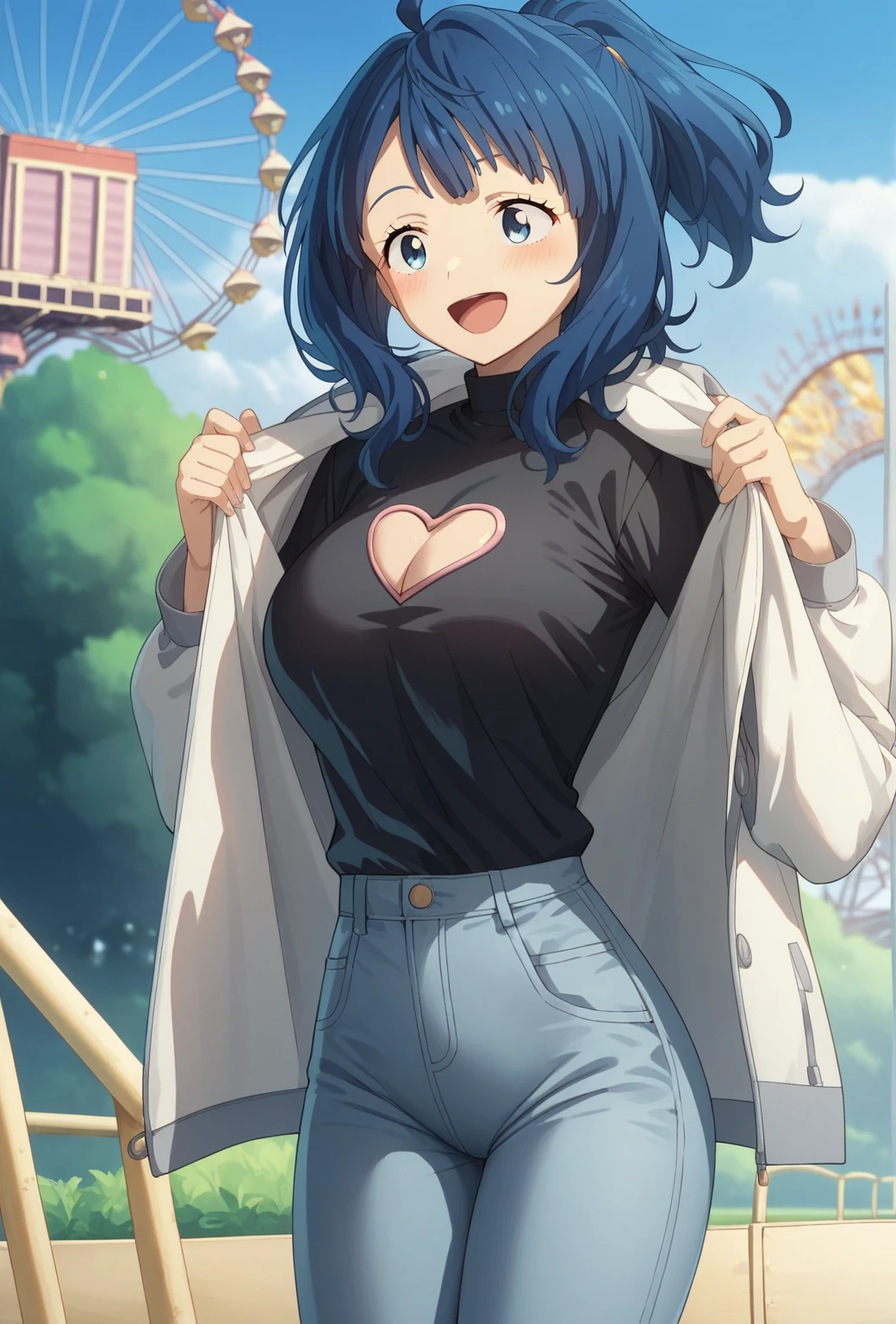 yanamianna, medium hair, ahoge,blue hair,blue eyes, large breasts, ponytail, tight shirt, black shirt, heart cutout cleavage, hoodie coat, long sleeves, tight pants, denim pants, open mouth, blush, smile, outdoor, amusement park, Ferris wheel, from front, solo, alone, masterpiece, best quality, ultra-detailed, high resoolution, 8K, detailed background, dynamic moving, detailed face, anime,