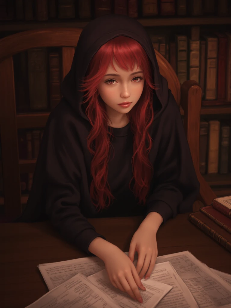 Image is a digital illustration featuring a young woman with fair skin and long, wavy red hair, partially covered by a dark hooded cloak. She is seated at a wooden table, surrounded by scattered papers and books, suggesting a scholarly or mystical setting. Her expression is contemplative, with large, expressive eyes gazing upward. The lighting is warm and subdued, casting soft shadows that enhance the intimate and mysterious atmosphere. The background includes bookshelves filled with books, adding to the intellectual ambiance. The overall color palette is rich with deep browns and reds, creating a cohesive and immersive scene.