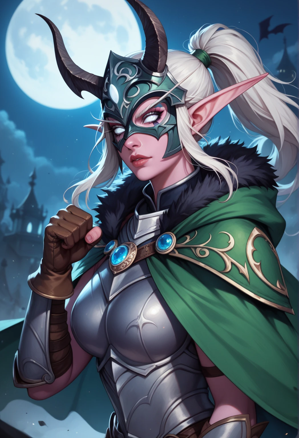 Ultra quality, 1girl, Maievxl,night elf, white eyes, green cloak, helmet, mask, fur trim, white hair, ponytail, upper body, shoulder armor, gloves, armor, fighting pose, chakram in hand, standing on a pile of dead demons, looking at the viewer, Dark Moon in the background, 