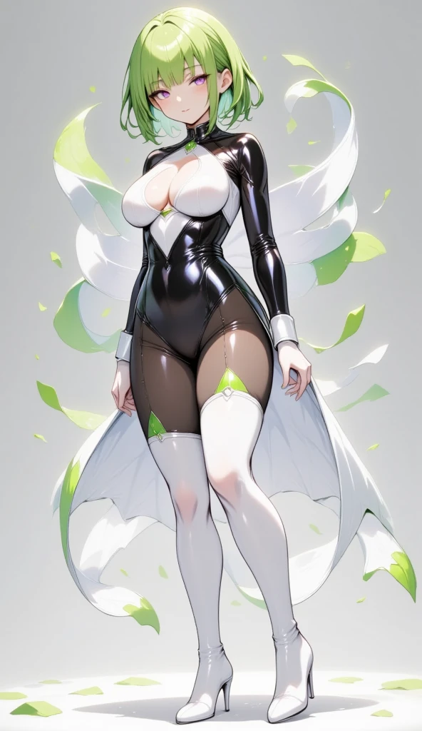 1 young beautiful woman,( best quality, very detailed depiction, Incredibly Absurd Hi-Res, shiny skin),( Phantom with White Radish Motifs :2.0,White latex bodysuit, Black Bodynet Suit ,White tights,White heels, boots),(Green Radish Leaves , green hair,Purple Eyes, bewitching smile,Glossy lips,Flashy makeup,Seductive gestures, half closed eyes:2.0,), full body image :2.0,A shadowy expression,