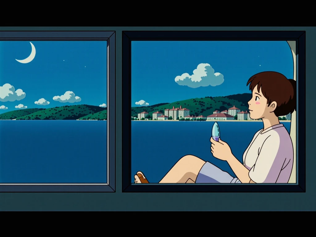 masterpiece,  best quality, Rainbow Style, Anime,  Beautiful Asian Girl, K-Pop aesthetics and style,   City,night、building、 80s American hippie style, Along the Hawaiian Coast, Cute and dreamy,Anime, illustrator, Lofi Girl , Studio Ghibli,Ghibli Style、Starry sky outside the window 、car