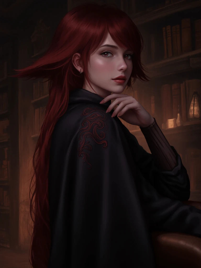 Image is a digital illustration featuring a gothic style portrait of a woman with striking red hair, styled straight and falling past her shoulders. She has pale skin and dark, dramatic makeup, including deep red lipstick and dark eyeshadow, which accentuates her sharp facial features. Her expression is serious and enigmatic. She is wearing a black cloak with intricate, swirling patterns on the shoulder, adding to the mysterious and dark aesthetic. The background consists of a dimly lit library with shelves filled with books, creating a moody and atmospheric setting. 