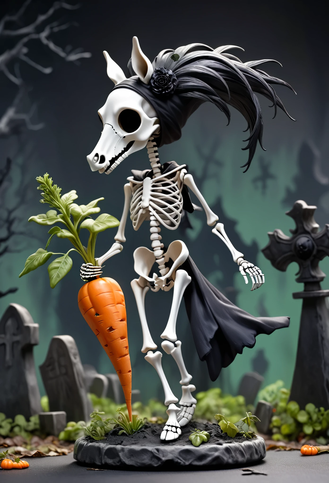 A cute and quirky figurine of a skeleton wearing a horse costume, dark gothic,derelict graveyard,holding a vibrant orange carrot with a green leafy top, playful and whimsical design, soft lighting with no background for focus, detailed textures highlighting the costume’s fur and the skeleton's smile, perfect balance of spooky and adorable, suitable for Halloween or novelty themes
