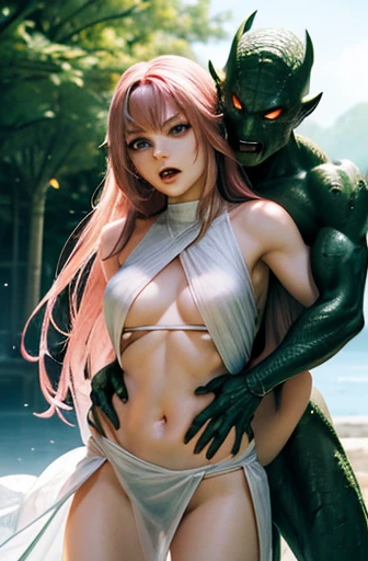 Battle between Female Warrior and Lizardman , Escaping Female Warrior ( long pink hair、 frightened expression 、 White See-through Celtic Dress( sleeveless、 out of your belly button、Deep slit、deep cut chest ))、 Lizardman hugging a female warrior from behind(Strong body、Red eyes、sharp fangs)1:5、Jet Black Earth 、 Dark Fantasy