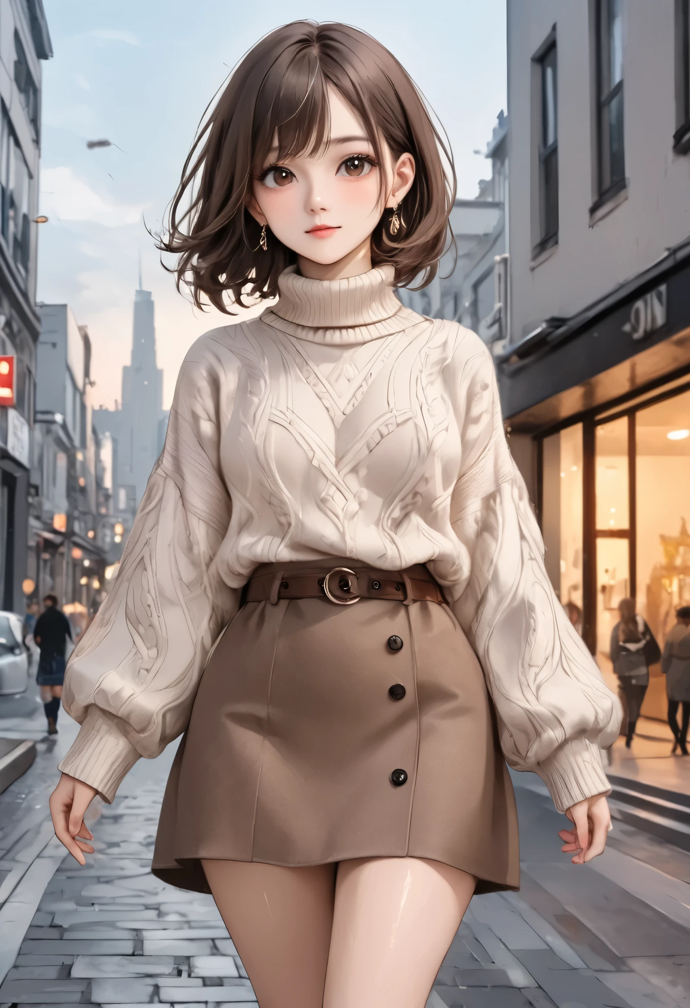 masterpiece, best quality, 8k, highres, ultra-detailed, HDR, UHD, ultra-fine painting, pop art,drkgirl,cute illustration style, An elegant and cozy outfit featuring a beige oversized turtleneck sweater paired with a high-waisted chocolate brown midi skirt adorned with button details. The ensemble is completed with matching brown ankle boots, adding a touch of sophistication. A soft taupe structured handbag adds functionality and style. The muted tones of the outfit harmonize beautifully with the minimalist concrete wall backdrop, exuding a chic and effortless urban vibe.
