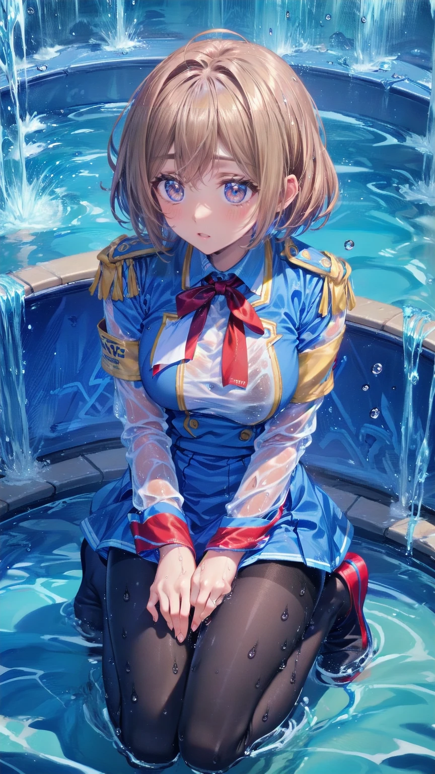  Women's College Uniform,  black pantyhose, Foot outsole ,  kneeling between hands and feet ,  wet drops of water on public toilet floor,  wet hair , Wet clothes,  transparent clothes,  water is sprayed from above 
