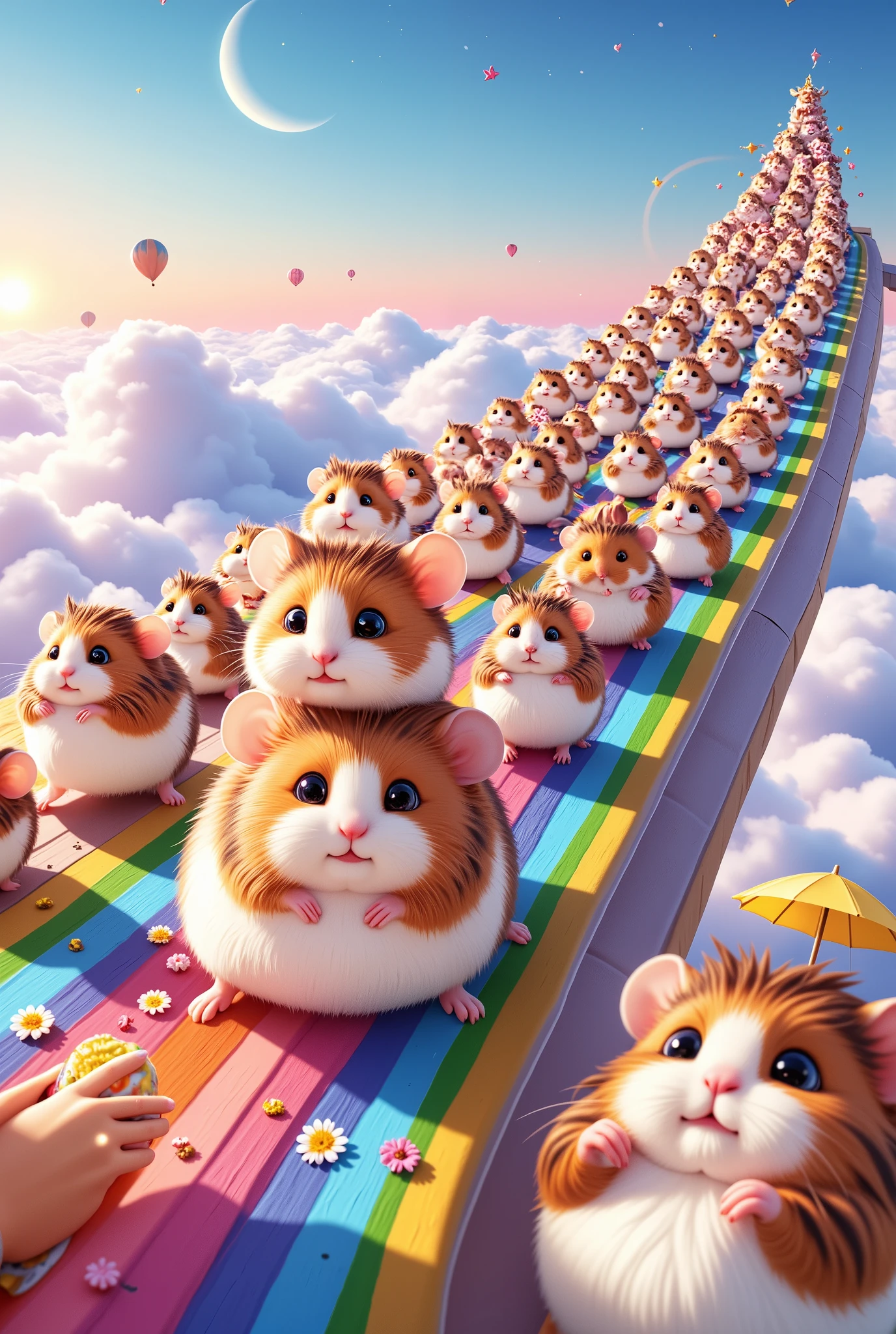 A vibrant and heartwarming 2D anime-style scene featuring a bustling rainbow bridge high above the clouds, where countless chubby, fluffy hamsters waddle joyfully. The hamsters are depicted with exaggerated roundness and soft, bouncy fur, each with expressive, wide eyes full of curiosity and playfulness. Among them, one standout duo captures the spotlight: a plump hamster with dense, fluffy fur carries an even tinier, fluffier hamster perched atop its head. The smaller hamster balances adorably, its tiny paws clinging gently to the larger one’s fur as it peers curiously at the vibrant scenery. Dozens of other hamsters fill the bridge, each engaging in whimsical activities. Some peek over the edge of the bridge, their little noses twitching in curiosity, while others carry tiny props like flowers, snacks, or umbrellas, adding to the playful atmosphere. A group of hamsters chases each other in a spirited game, their little round bodies bouncing with each step. In the background, a few form wobbly towers, stacking themselves on top of one another in a hilarious display of teamwork. The rainbow bridge itself glows vividly, its colors blending smoothly in the soft sunlight, while the clouds below add depth and a dreamlike quality to the scene. The background sky transitions from bright blue to pastel pink and orange at the horizon, dotted with faint stars and a crescent moon. The fluffy white clouds roll gently, their softness complementing the vibrant tones of the bridge and hamsters. The 2D anime aesthetic is rich in detail, with hand-drawn textures and delicate shading that give the hamsters’ fur, the bridge’s glow, and the clouds a charming depth. This lively and colorful scene is a perfect blend of humor, cuteness, and whimsy, inviting smiles and laughter from anyone who sees it.