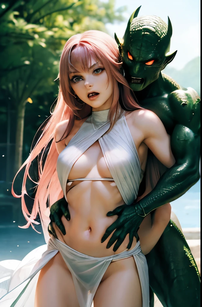 Battle between Female Warrior and Lizardman , Escaping Female Warrior ( long pink hair、 frightened expression 、 White See-through Celtic Dress( sleeveless、 out of your belly button、Deep slit、deep cut chest ))、 Lizardman hugging a female warrior from behind(Strong body、Red eyes、sharp fangs)1:5、Jet Black Earth 、 Dark Fantasy