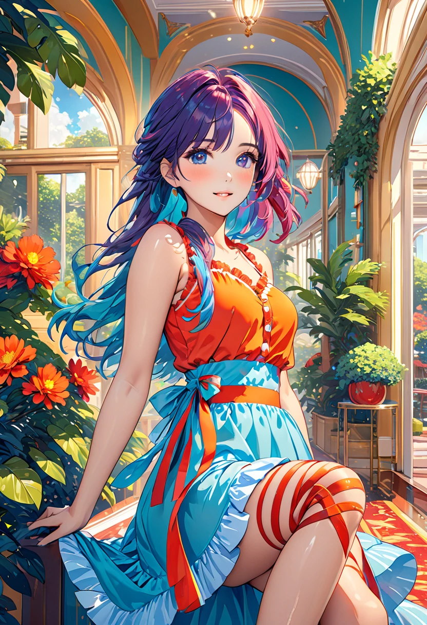 anime,  girl ,  sexy, Charming,  in a beautiful Summer Outfit, sleeveless,  on the leg Ribbon , beautiful colors, Background Hotel Hall ,  Beautiful Interior ,  shrubs , Shine, bright colors, rich colors , 8 k,  Complex Details , masterpiece,  better quality,