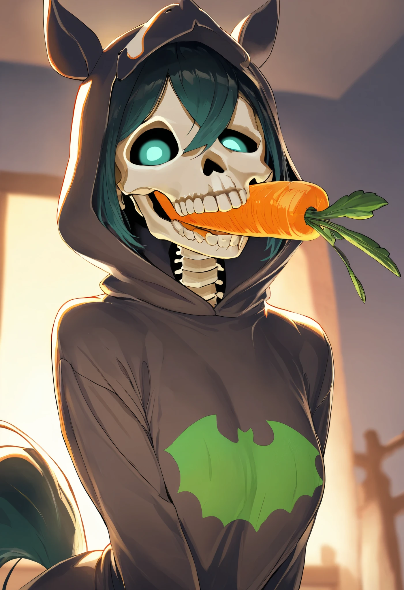 masterpiece, best quality, 8k, highres, ultra-detailed, HDR, UHD, ultra-fine painting, cute illustration style, A cute and quirky figurine of a skeleton wearing a horse costume, holding a vibrant orange carrot with a green leafy top, playful and whimsical design, soft lighting with no background for focus, detailed textures highlighting the costume’s fur and the skeleton's smile, perfect balance of spooky and adorable, suitable for Halloween or novelty themes
