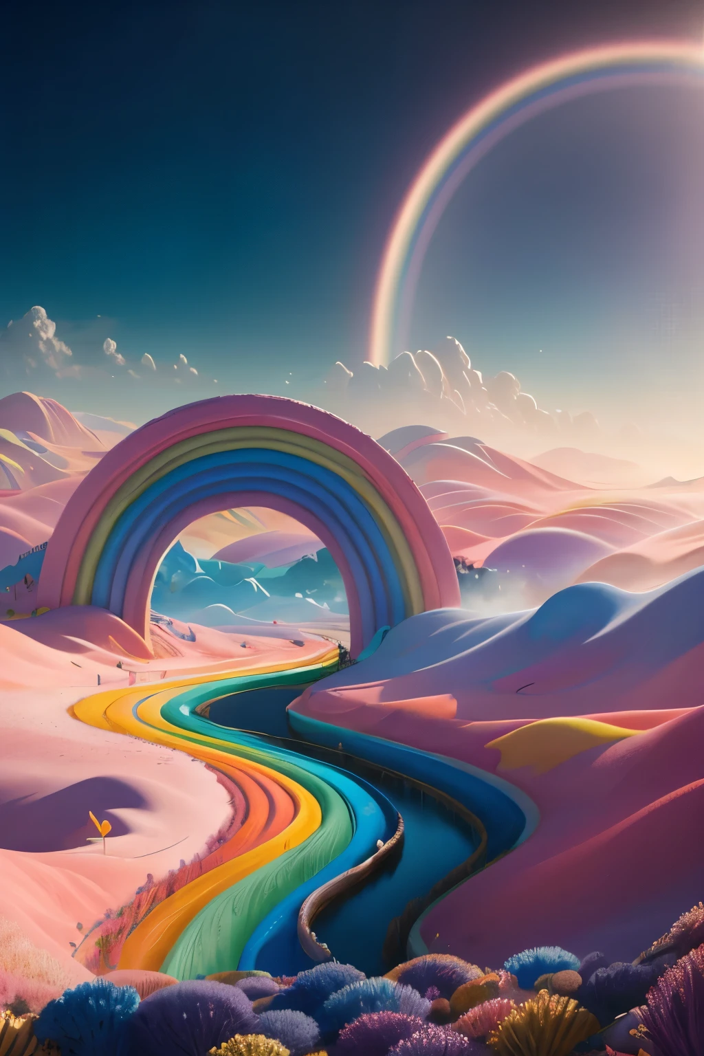 a beautiful detailed illustration of a breathtaking fantasy landscape with a majestic rainbow arch spanning across a vast expanse of land, whimsical lighting, ultra-detailed, 32k, highly realistic, masterpiece, official art, beautiful and aesthetically pleasing:1.2