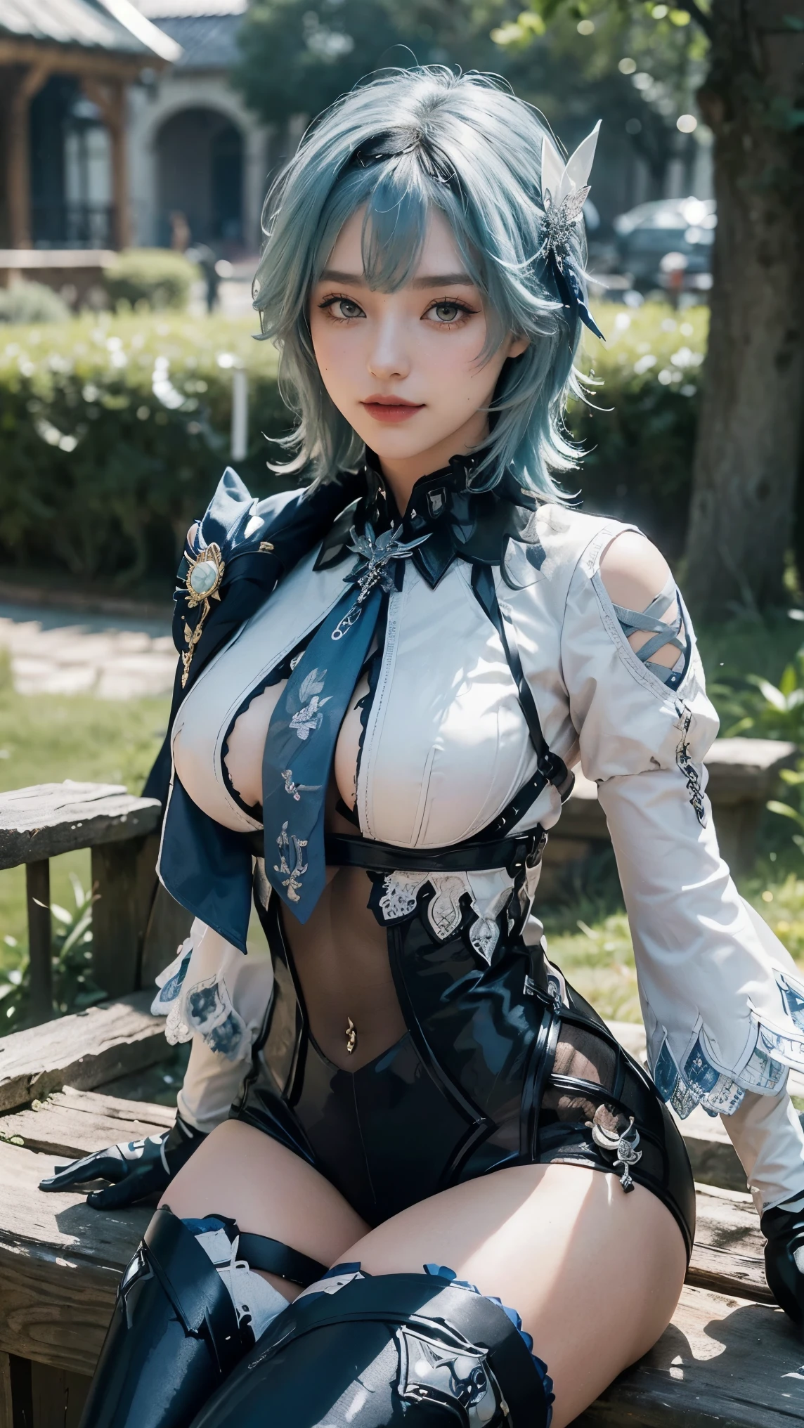 Eula Lawrence,(best qualityer,4K,8k,high resolution,work of art:1.2)(weather: cloudy), Mondstadt city background, forest garden, freckles, blue cape, headband backless black leotard, white top, white sleeves, blue necktie, black gloves, blue stockings, thigh-high boots, snowflake embroidery, short curly hair, light blue hair, teal hair, ultra detailed,realisitic,portraite,beautiful detailed yellow eyes, glowing eyes,blush,beautiful detailed lips,extremely detailed eye and face, long eyelashes,sexly,average, large breasts,beaming smile, hsppy smile,powerful girl, flirty pose, stunning curves,bright coloured,dramatic lighting, campfire, sitting on a fallen tree,