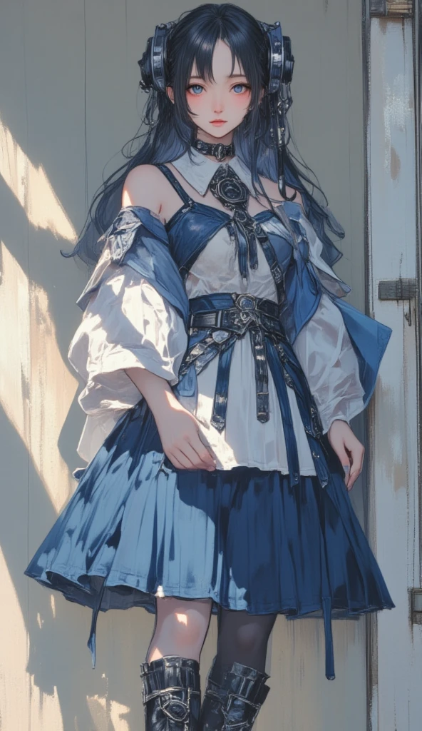 There is a woman standing in front of a wall,  created in an anime artist studio,  multi-layered outfits , Guweiz-style work ,  Anime Style  3d, Costume Design,  Anime Style  digital art,   fleet collection style ,  Anime girl in blue dress and white top painted by anime painter studio,  anime style, フイルムと混ぜた Anime Style , Anime set style,  Anime Style 