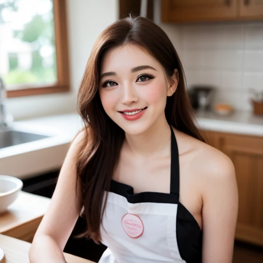 (4k,  best quality, highres:1.1), (realistic, photo-realistic:1.1),   1girl,  solo,  ( facing viewer:1.2),  long eyelashes, upper body, blush,   (smile, parted lips:1.2), in kitchen, naked apron, near table, very long hair, 

realistic light, realistic shadow,   [blurry background], eye  focus,  [depth of field], professional lighting, photon mapping, radiosity, physically-based rendering, High Detail,  F/2.8, 200mm lens, catch light,