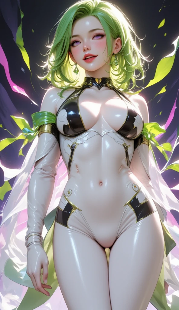 1 young beautiful woman,( best quality, very detailed depiction, Incredibly Absurd Hi-Res, shiny skin),( Phantom with White Radish Motifs :2.0,White latex bodysuit, Black Bodynet Suit ,White tights,White heels, boots),(Green Radish Leaves , green hair,Purple Eyes, bewitching smile,Glossy lips,Flashy makeup,Seductive gestures, half closed eyes:2.0,), full body image :2.0,A shadowy expression,Hero Pose,background:battlefield